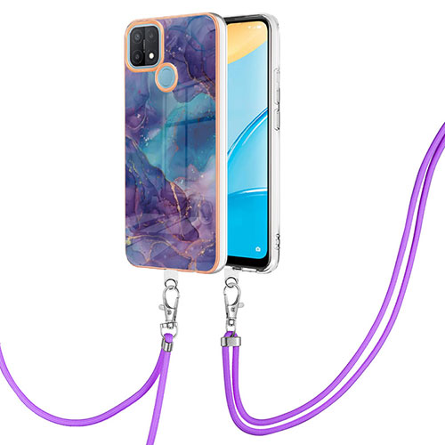 Silicone Candy Rubber Gel Fashionable Pattern Soft Case Cover with Lanyard Strap YB7 for Oppo A15 Purple