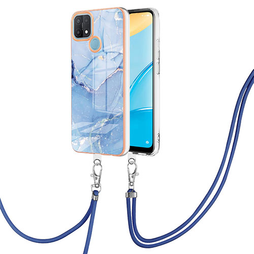 Silicone Candy Rubber Gel Fashionable Pattern Soft Case Cover with Lanyard Strap YB7 for Oppo A35 Blue