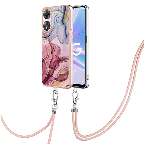 Silicone Candy Rubber Gel Fashionable Pattern Soft Case Cover with Lanyard Strap YB7 for Oppo A58 5G Clove Purple