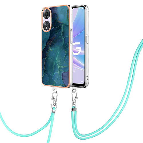 Silicone Candy Rubber Gel Fashionable Pattern Soft Case Cover with Lanyard Strap YB7 for Oppo A58 5G Green