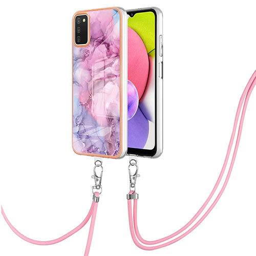 Silicone Candy Rubber Gel Fashionable Pattern Soft Case Cover with Lanyard Strap YB7 for Samsung Galaxy A02s Clove Purple