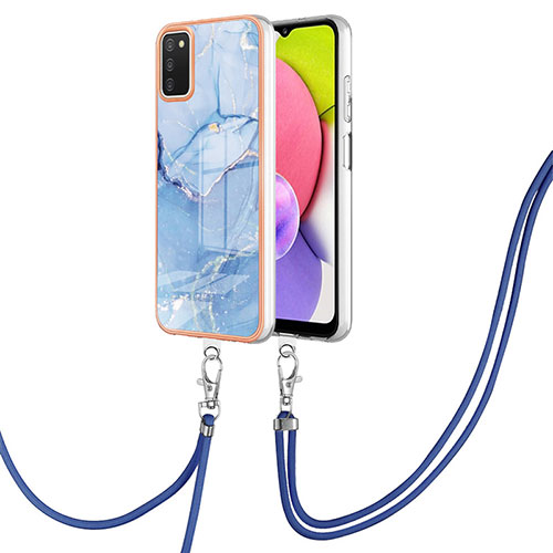 Silicone Candy Rubber Gel Fashionable Pattern Soft Case Cover with Lanyard Strap YB7 for Samsung Galaxy A03s Blue