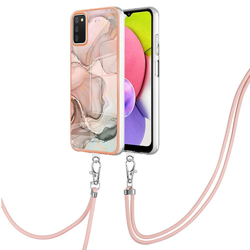 Silicone Candy Rubber Gel Fashionable Pattern Soft Case Cover with Lanyard Strap YB7 for Samsung Galaxy A03s Pink