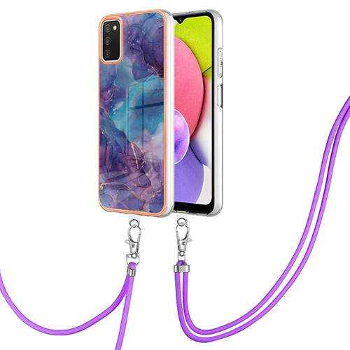 Silicone Candy Rubber Gel Fashionable Pattern Soft Case Cover with Lanyard Strap YB7 for Samsung Galaxy A03s Purple