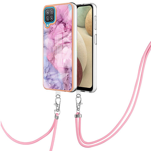 Silicone Candy Rubber Gel Fashionable Pattern Soft Case Cover with Lanyard Strap YB7 for Samsung Galaxy A12 5G Clove Purple