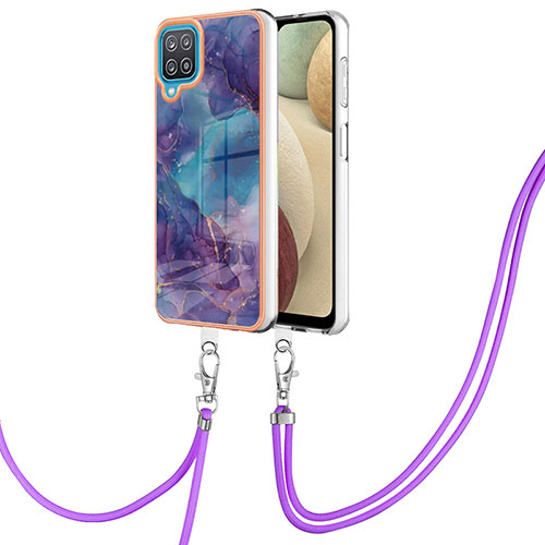 Silicone Candy Rubber Gel Fashionable Pattern Soft Case Cover with Lanyard Strap YB7 for Samsung Galaxy A12 5G Purple