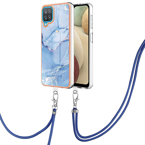 Silicone Candy Rubber Gel Fashionable Pattern Soft Case Cover with Lanyard Strap YB7 for Samsung Galaxy A12 Blue