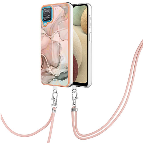 Silicone Candy Rubber Gel Fashionable Pattern Soft Case Cover with Lanyard Strap YB7 for Samsung Galaxy A12 Pink