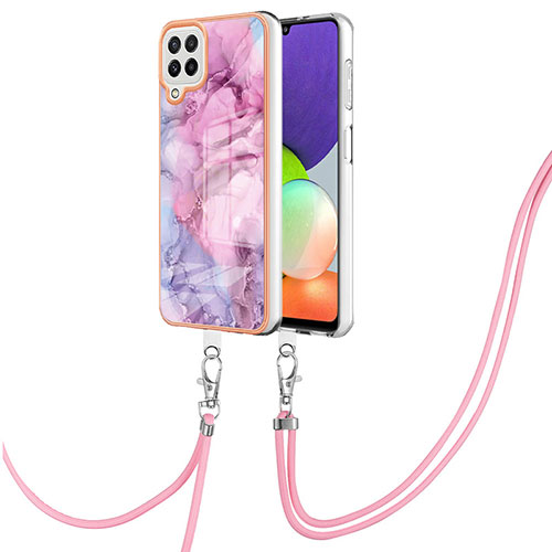 Silicone Candy Rubber Gel Fashionable Pattern Soft Case Cover with Lanyard Strap YB7 for Samsung Galaxy A22 4G Clove Purple