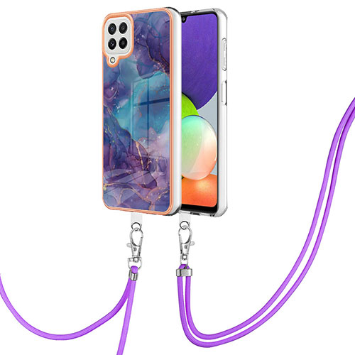 Silicone Candy Rubber Gel Fashionable Pattern Soft Case Cover with Lanyard Strap YB7 for Samsung Galaxy A22 4G Purple