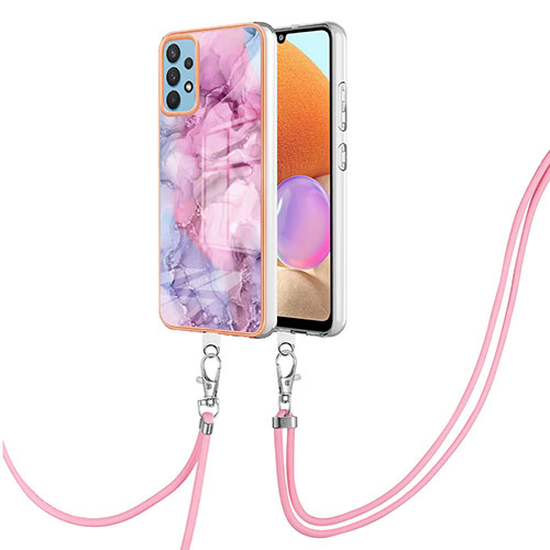 Silicone Candy Rubber Gel Fashionable Pattern Soft Case Cover with Lanyard Strap YB7 for Samsung Galaxy A32 4G Clove Purple