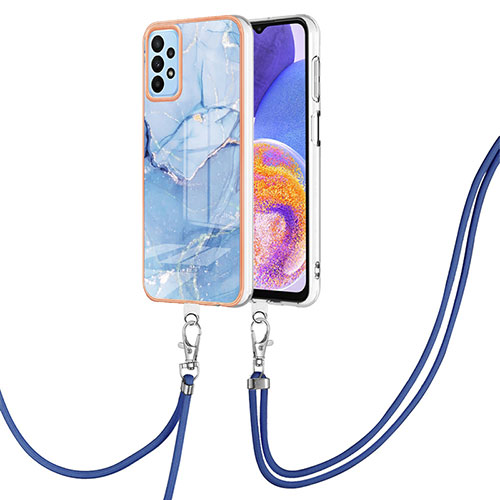 Silicone Candy Rubber Gel Fashionable Pattern Soft Case Cover with Lanyard Strap YB7 for Samsung Galaxy A32 5G Blue