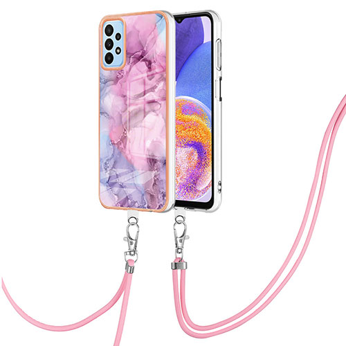 Silicone Candy Rubber Gel Fashionable Pattern Soft Case Cover with Lanyard Strap YB7 for Samsung Galaxy A52 5G Clove Purple
