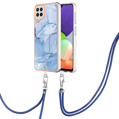 Silicone Candy Rubber Gel Fashionable Pattern Soft Case Cover with Lanyard Strap YB7 for Samsung Galaxy M32 4G Blue