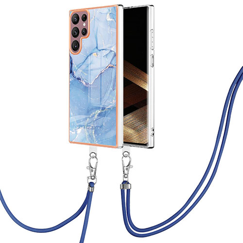 Silicone Candy Rubber Gel Fashionable Pattern Soft Case Cover with Lanyard Strap YB7 for Samsung Galaxy S24 Ultra 5G Blue