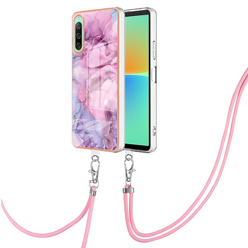 Silicone Candy Rubber Gel Fashionable Pattern Soft Case Cover with Lanyard Strap YB7 for Sony Xperia 10 IV Clove Purple