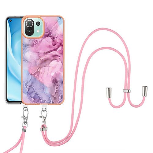 Silicone Candy Rubber Gel Fashionable Pattern Soft Case Cover with Lanyard Strap YB7 for Xiaomi Mi 11 Lite 5G NE Clove Purple