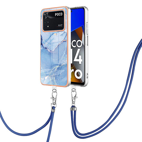 Silicone Candy Rubber Gel Fashionable Pattern Soft Case Cover with Lanyard Strap YB7 for Xiaomi Poco M4 Pro 4G Blue