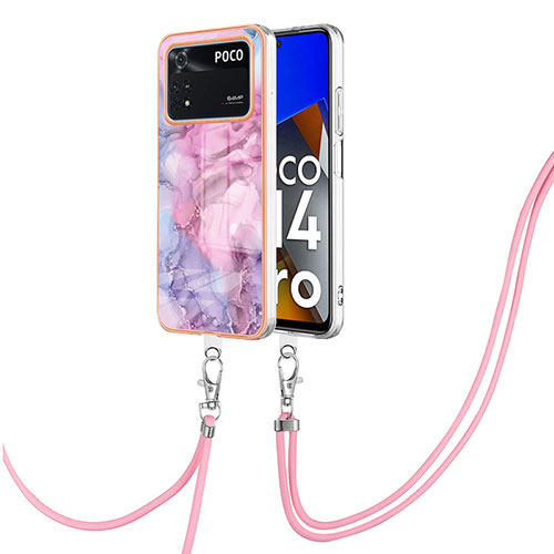 Silicone Candy Rubber Gel Fashionable Pattern Soft Case Cover with Lanyard Strap YB7 for Xiaomi Poco M4 Pro 4G Clove Purple