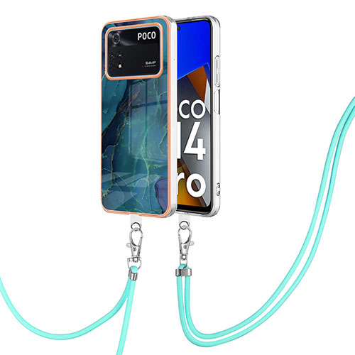 Silicone Candy Rubber Gel Fashionable Pattern Soft Case Cover with Lanyard Strap YB7 for Xiaomi Poco M4 Pro 4G Green