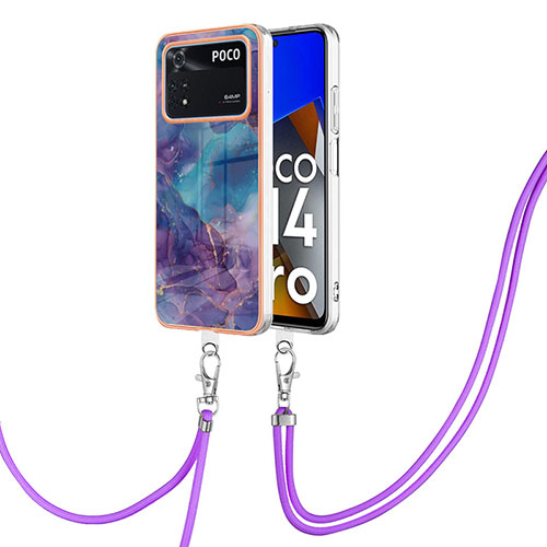 Silicone Candy Rubber Gel Fashionable Pattern Soft Case Cover with Lanyard Strap YB7 for Xiaomi Poco M4 Pro 4G Purple