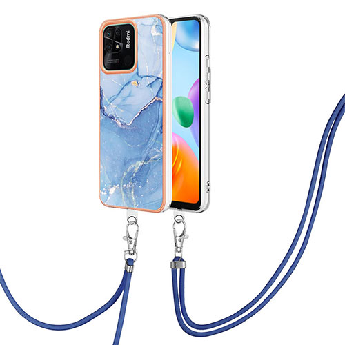 Silicone Candy Rubber Gel Fashionable Pattern Soft Case Cover with Lanyard Strap YB7 for Xiaomi Redmi 10 India Blue