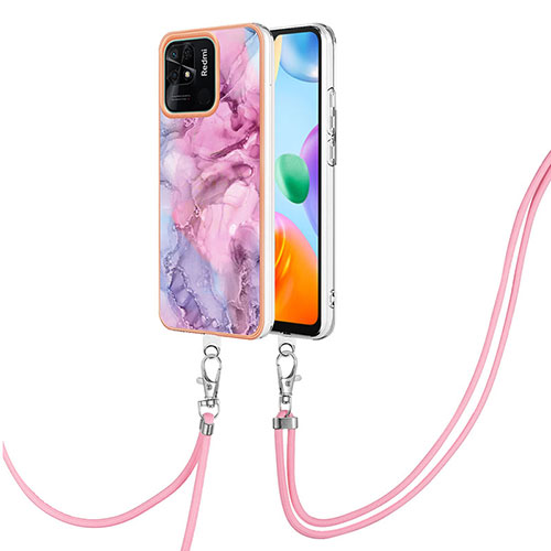 Silicone Candy Rubber Gel Fashionable Pattern Soft Case Cover with Lanyard Strap YB7 for Xiaomi Redmi 10C 4G Clove Purple