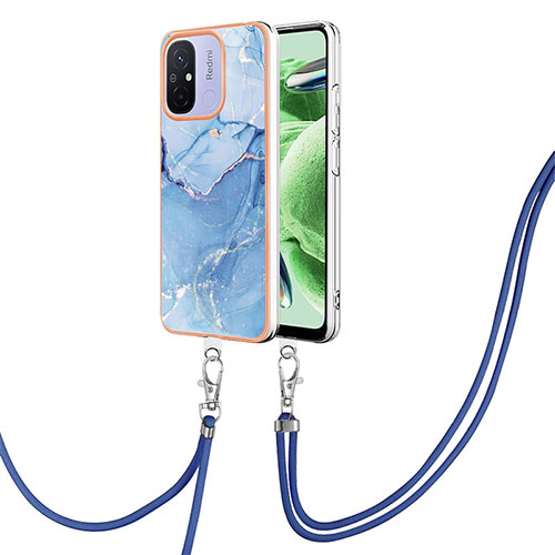 Silicone Candy Rubber Gel Fashionable Pattern Soft Case Cover with Lanyard Strap YB7 for Xiaomi Redmi 11A 4G Blue