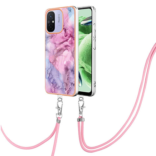 Silicone Candy Rubber Gel Fashionable Pattern Soft Case Cover with Lanyard Strap YB7 for Xiaomi Redmi 11A 4G Clove Purple