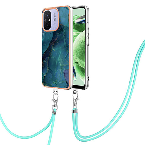 Silicone Candy Rubber Gel Fashionable Pattern Soft Case Cover with Lanyard Strap YB7 for Xiaomi Redmi 12C 4G Green