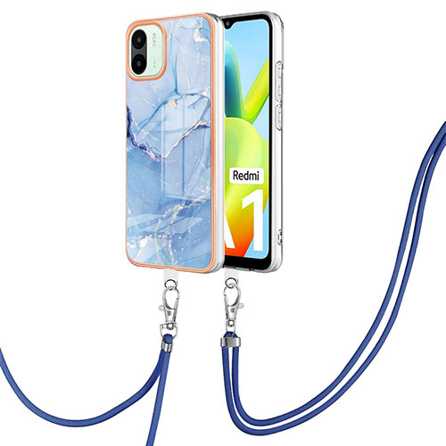 Silicone Candy Rubber Gel Fashionable Pattern Soft Case Cover with Lanyard Strap YB7 for Xiaomi Redmi A2 Plus Blue