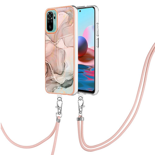 Silicone Candy Rubber Gel Fashionable Pattern Soft Case Cover with Lanyard Strap YB7 for Xiaomi Redmi Note 10S 4G Pink