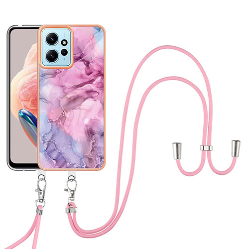 Silicone Candy Rubber Gel Fashionable Pattern Soft Case Cover with Lanyard Strap YB7 for Xiaomi Redmi Note 12 4G Clove Purple