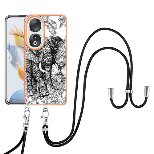 Silicone Candy Rubber Gel Fashionable Pattern Soft Case Cover with Lanyard Strap YB8 for Huawei Honor 90 5G Gray