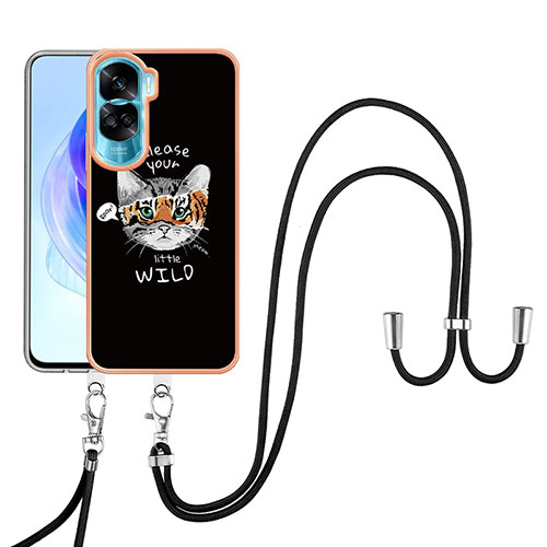 Silicone Candy Rubber Gel Fashionable Pattern Soft Case Cover with Lanyard Strap YB8 for Huawei Honor 90 Lite 5G Black