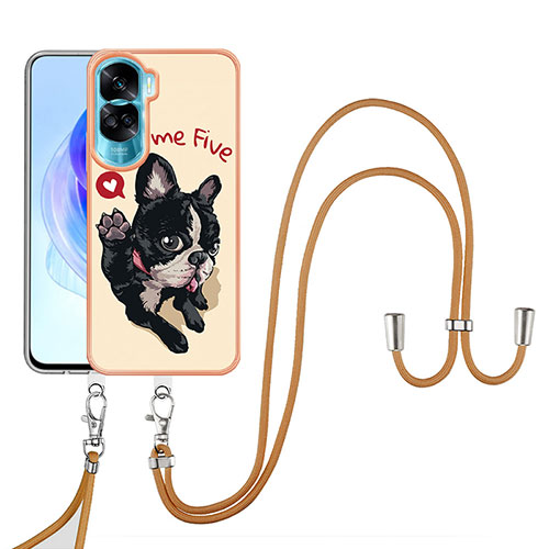 Silicone Candy Rubber Gel Fashionable Pattern Soft Case Cover with Lanyard Strap YB8 for Huawei Honor 90 Lite 5G Khaki