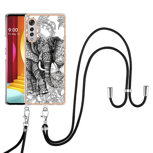 Silicone Candy Rubber Gel Fashionable Pattern Soft Case Cover with Lanyard Strap YB8 for LG Velvet 4G Gray