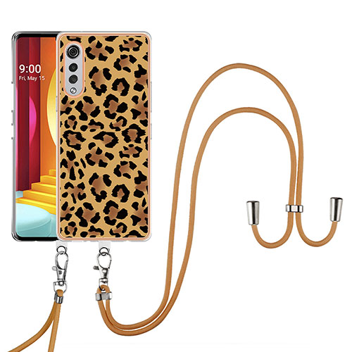 Silicone Candy Rubber Gel Fashionable Pattern Soft Case Cover with Lanyard Strap YB8 for LG Velvet 5G Brown