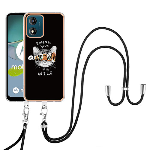 Silicone Candy Rubber Gel Fashionable Pattern Soft Case Cover with Lanyard Strap YB8 for Motorola Moto E13 Black