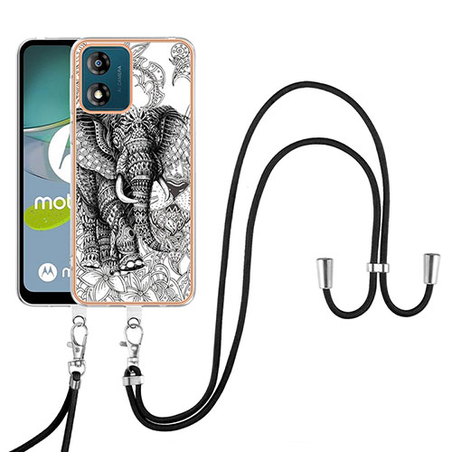 Silicone Candy Rubber Gel Fashionable Pattern Soft Case Cover with Lanyard Strap YB8 for Motorola Moto E13 Gray