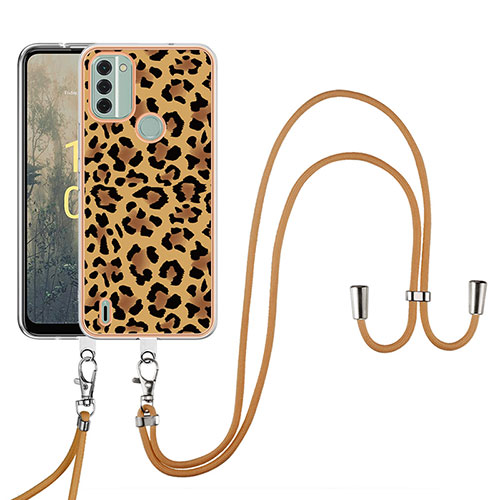 Silicone Candy Rubber Gel Fashionable Pattern Soft Case Cover with Lanyard Strap YB8 for Nokia C31 Brown