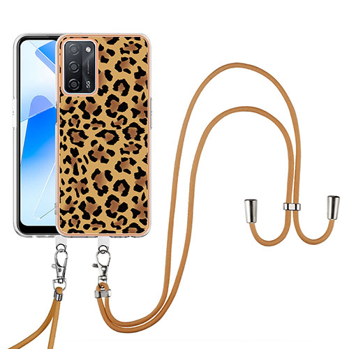 Silicone Candy Rubber Gel Fashionable Pattern Soft Case Cover with Lanyard Strap YB8 for Oppo A55 5G Brown