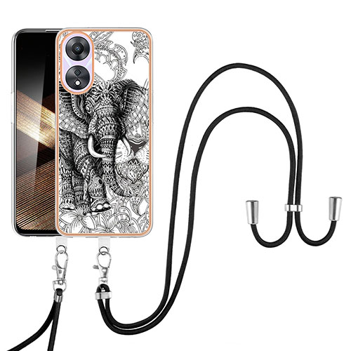 Silicone Candy Rubber Gel Fashionable Pattern Soft Case Cover with Lanyard Strap YB8 for Oppo A78 4G Gray