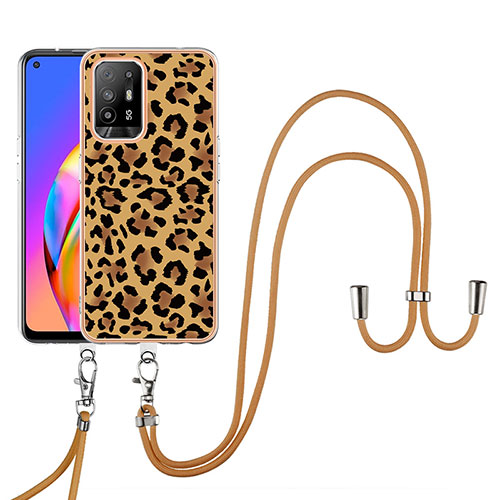 Silicone Candy Rubber Gel Fashionable Pattern Soft Case Cover with Lanyard Strap YB8 for Oppo A94 5G Brown