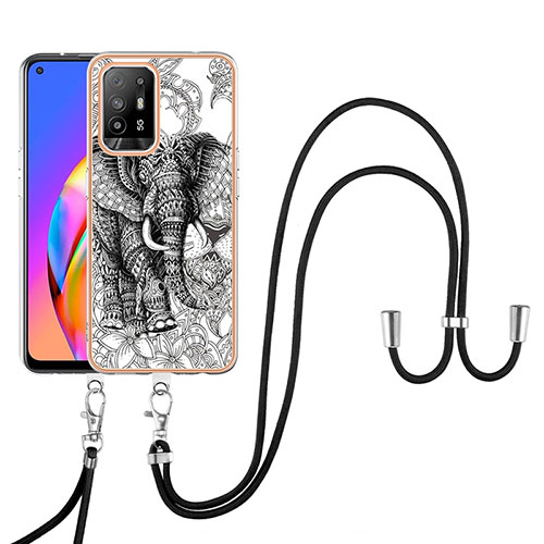 Silicone Candy Rubber Gel Fashionable Pattern Soft Case Cover with Lanyard Strap YB8 for Oppo A94 5G Gray