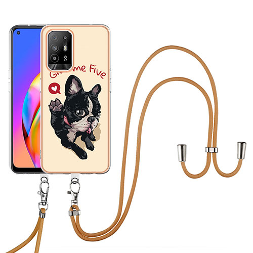 Silicone Candy Rubber Gel Fashionable Pattern Soft Case Cover with Lanyard Strap YB8 for Oppo A94 5G Khaki