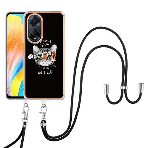 Silicone Candy Rubber Gel Fashionable Pattern Soft Case Cover with Lanyard Strap YB8 for Oppo A98 5G Black