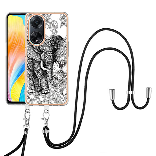 Silicone Candy Rubber Gel Fashionable Pattern Soft Case Cover with Lanyard Strap YB8 for Oppo A98 5G Gray