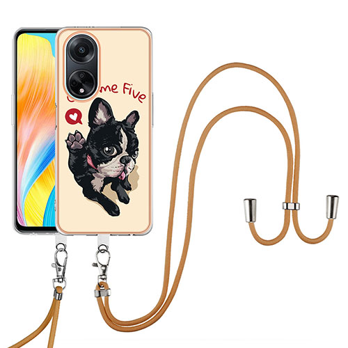 Silicone Candy Rubber Gel Fashionable Pattern Soft Case Cover with Lanyard Strap YB8 for Oppo A98 5G Khaki