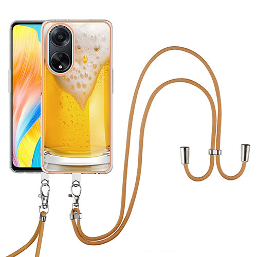 Silicone Candy Rubber Gel Fashionable Pattern Soft Case Cover with Lanyard Strap YB8 for Oppo A98 5G Yellow